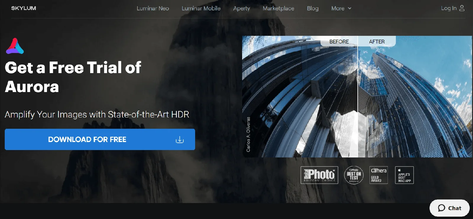 Screenshot of the Skylum Aurora HDR homepage, an HDR photo editor