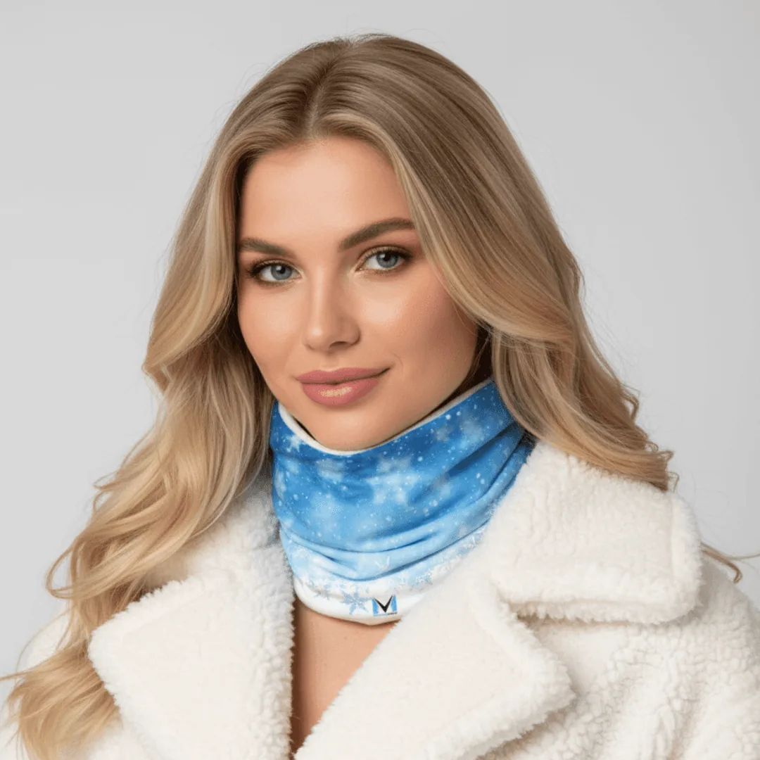 blond woman wearing a blue neckwarmer and white fur coat: ai photo made on caspa AI
