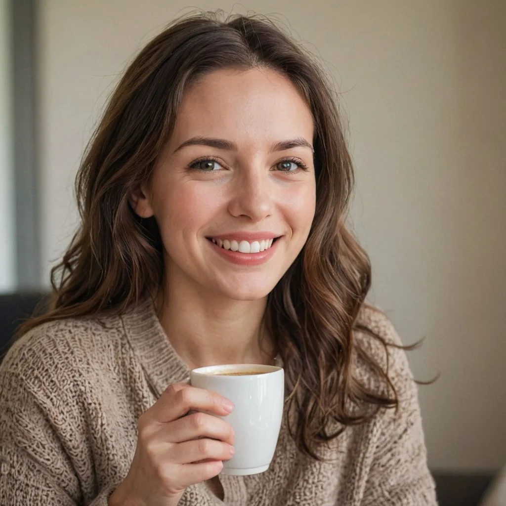 woman in a knit jumper smiling and holding a white coffee mug