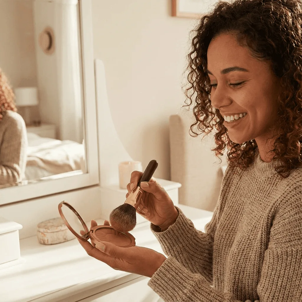 curly hair mixed race woman holding makeup brush: makeup product photo