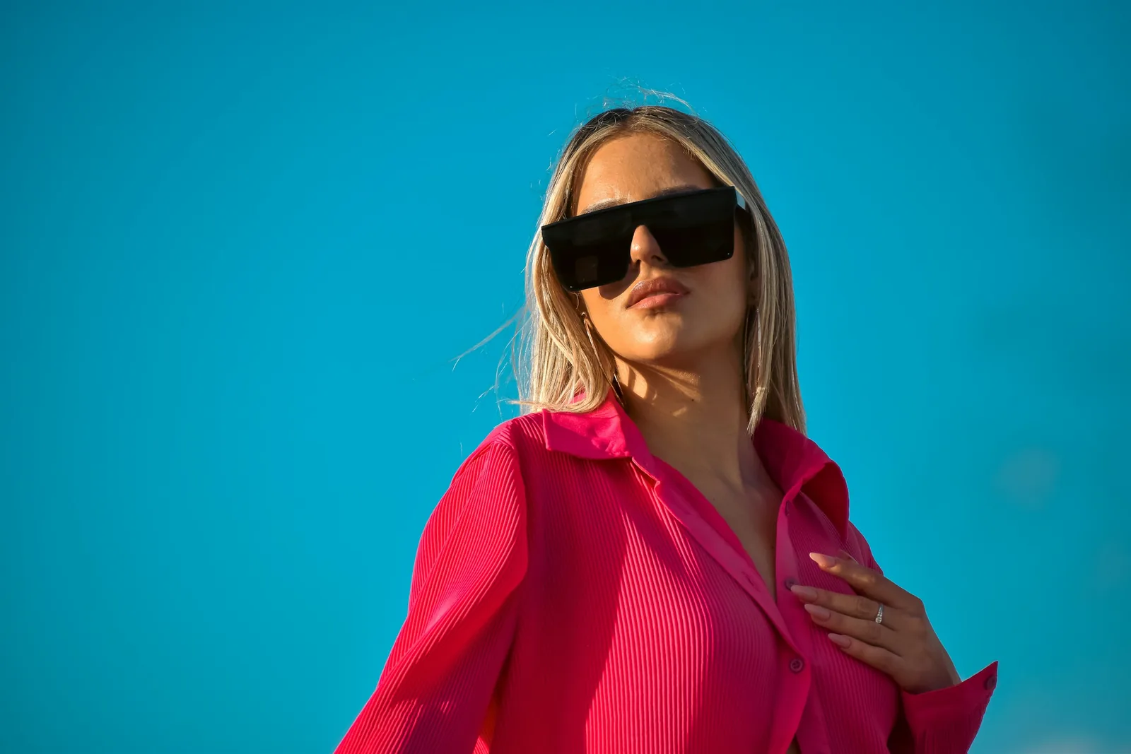 woman in pink dress: Sunglasses Photography