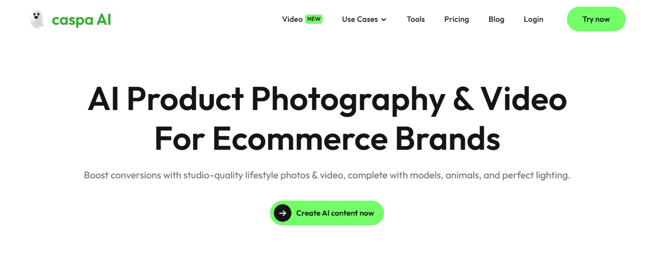 Screenshot of the Caspa AI homepage, an AI product photography and video generator for ecommerce brands