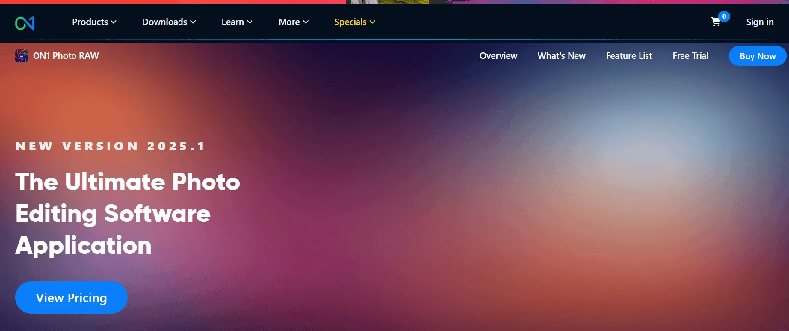 Screenshot of the ON1 Photo RAW homepage, a photo editing application