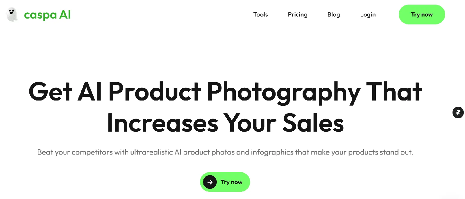 Screenshot of the Caspa AI homepage, an AI product photography and video generator for ecommerce brands