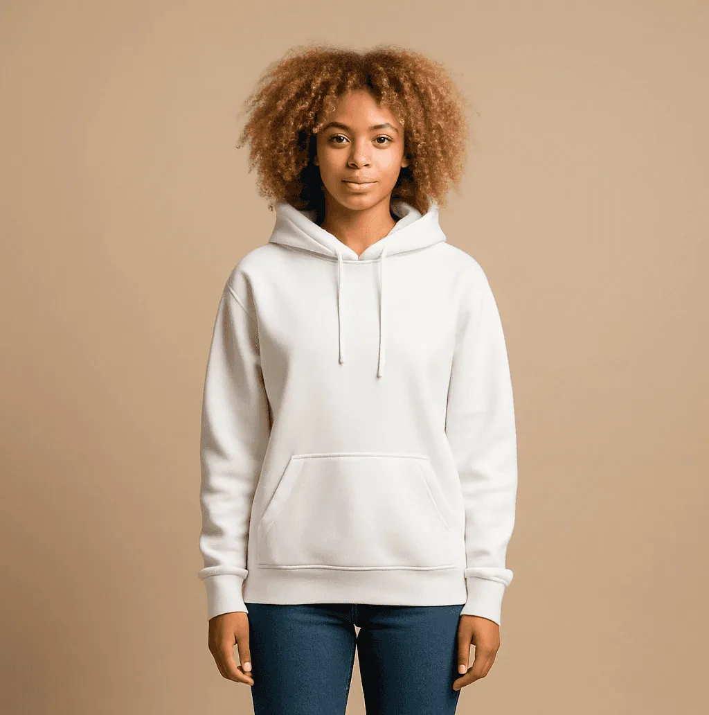Model wearing a plain white hoodie and jeans in a beige studio: AI fashion photography made with Caspa AI