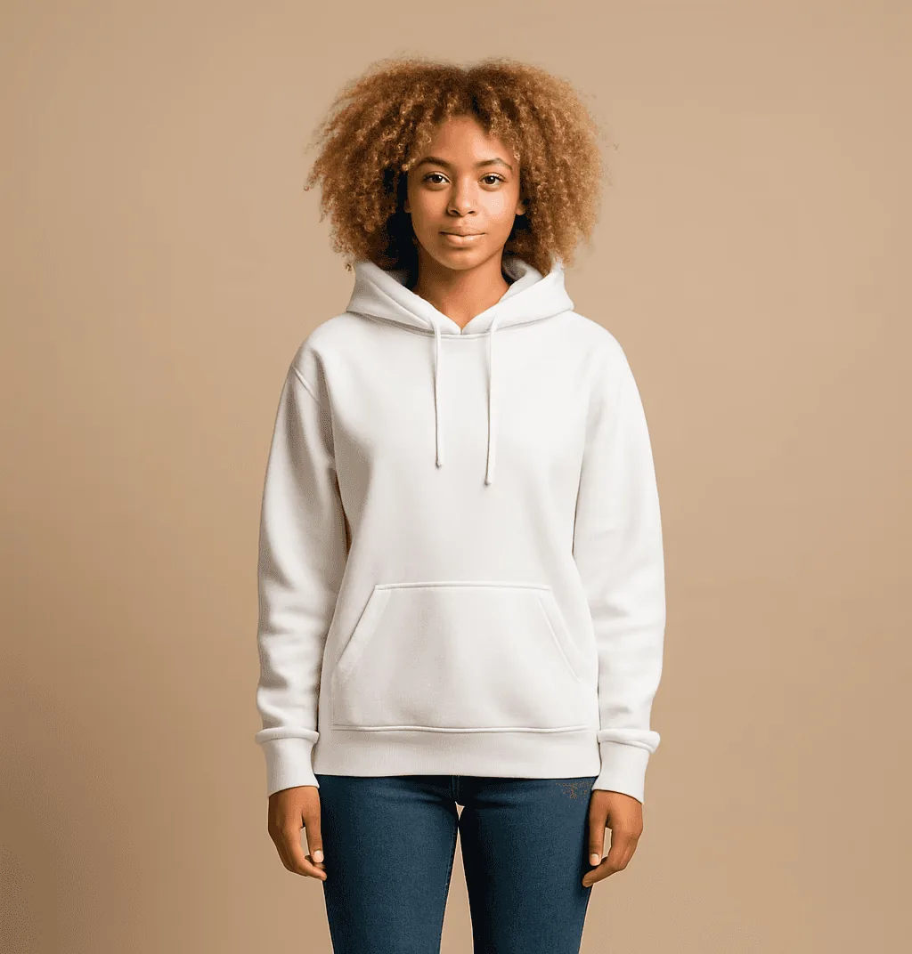 mixed race woman in a champagne studio wearing a white hoodie and jeans
